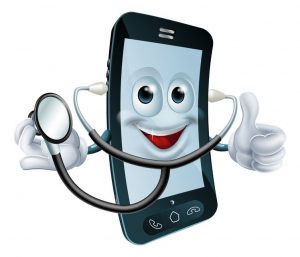 22019734 - illustration of a cartoon phone character holding a stethoscope