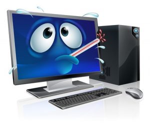 30028392 - broken cartoon desktop computer, cartoon of a poorly computer with a bursting thermometer in its mouth. could be a broken computer or one that has a virus or other malware